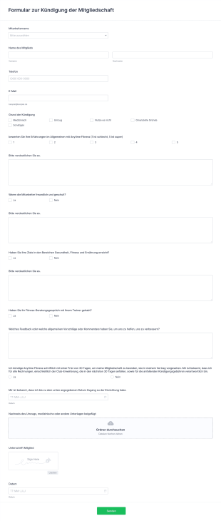 Kündigungsformular Für Die Fitnessclub Mitgliedschaft Form Template