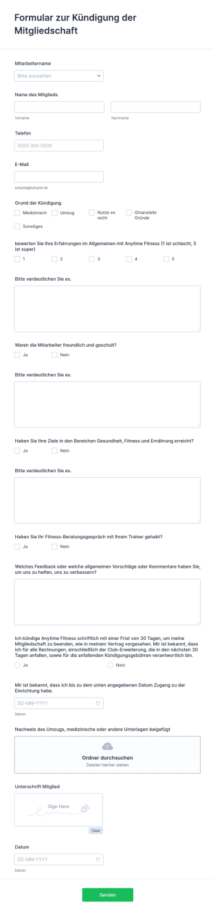 Kündigungsformular Für Die Fitnessclub Mitgliedschaft