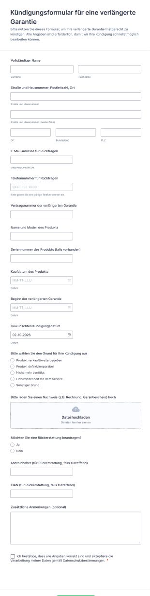 Kündigungsformular Für Eine Verlängerte Garantie