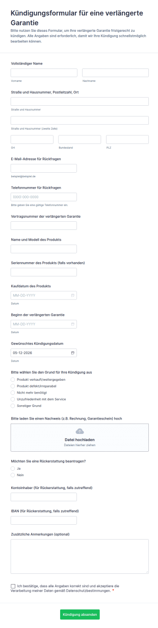 Kündigungsformular Für Eine Verlängerte Garantie