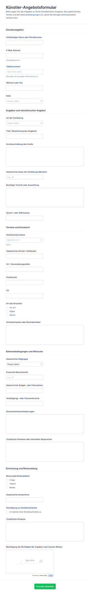 Künstlerangebot Formular