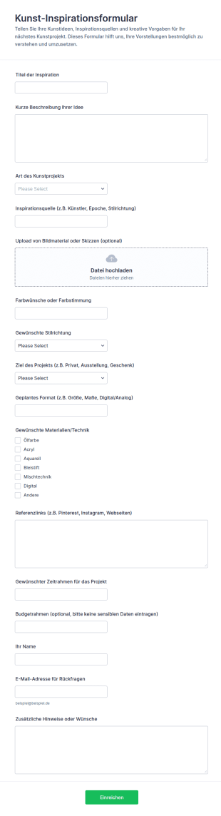 Künstlerische Inspirations Einsendung Formular