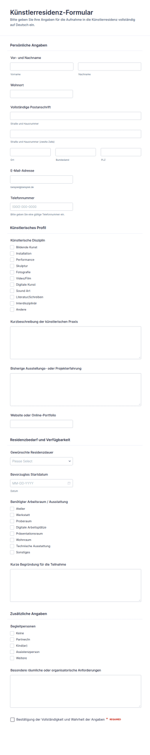Künstlerresidenz Anfrage Formular