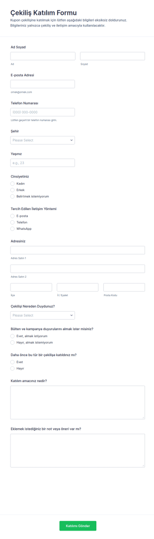 Kupon Çekilişine Katılım Form Şablonu