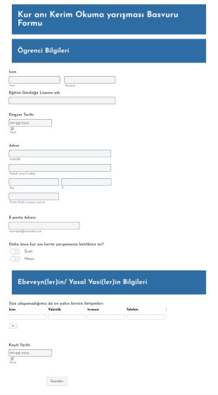 "Kur Anı Kerimi Güzel Okuma" Yarışma Başvuru Form Şablonu