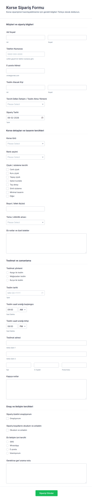 Kurdele Çiçek Sipariş Form Şablonu
