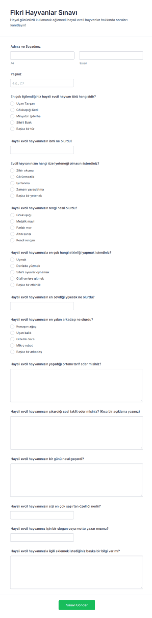 Kurgusal Evcil Hayvanlar Quiz Form Şablonu