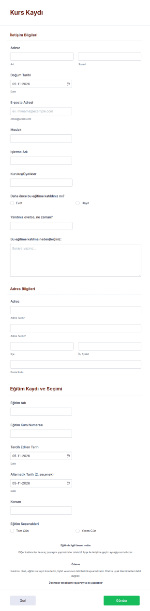 Kurs Kaydı Form Şablonu