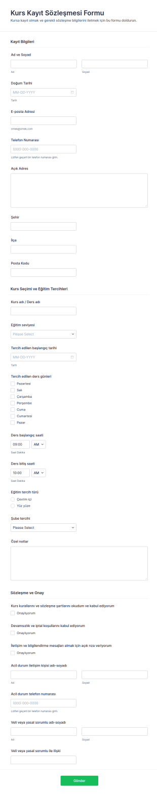 Kurs Kayıt Sözleşmesi Form Şablonu