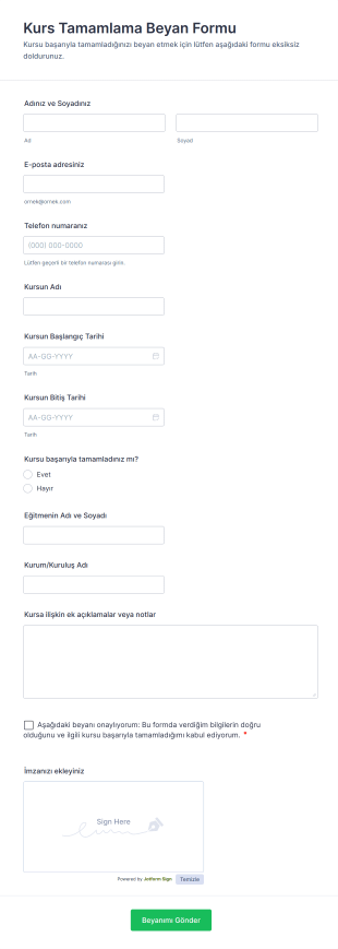 Kurs Tamamlama Beyan Form Şablonu