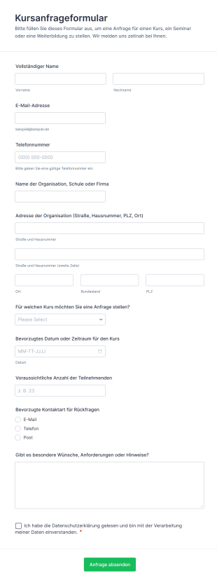 Kursanfrageformular