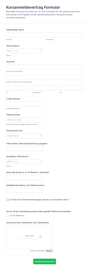 Kursanmeldevertrag Formular