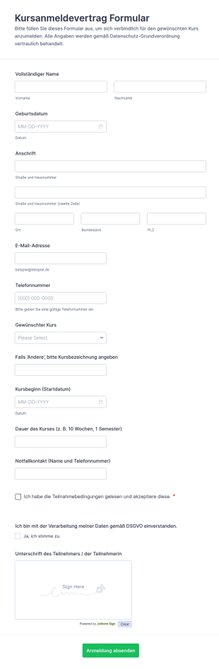 Kursanmeldevertrag Formular