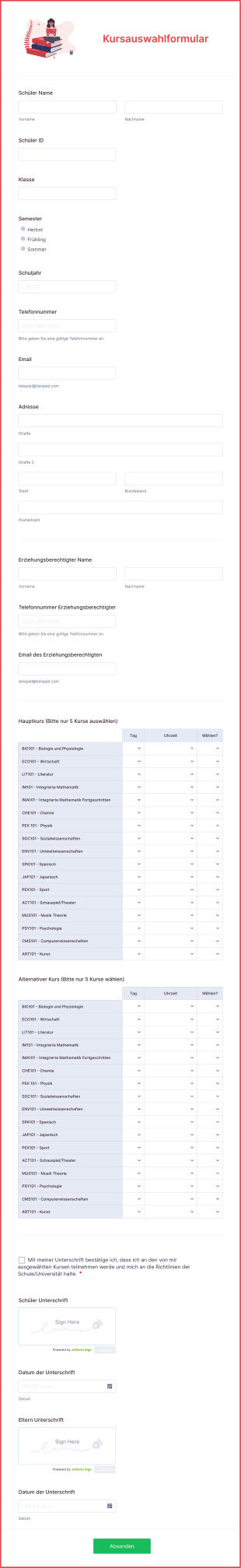 Kursauswahlformular Form Template