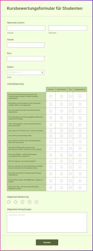 Kursbewertungsformular Für Studenten