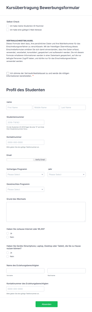 Kursübertragung Bewerbungsformular Form Template