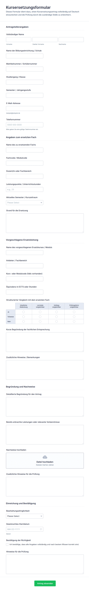 Formular Zur Kursanrechnung Oder Kursersetzung