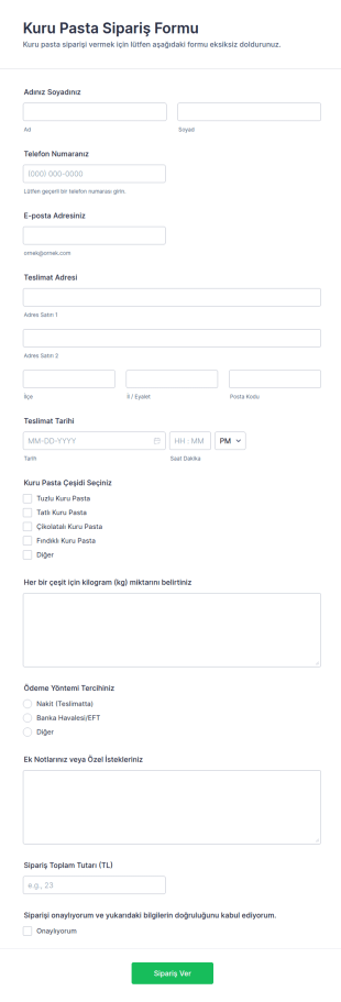 Kuru Pasta Sipariş Form Şablonu