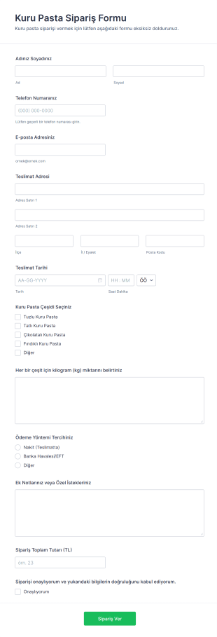 Kuru Pasta Sipariş Form Şablonu
