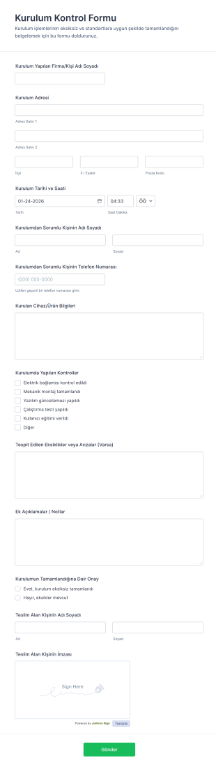 Kurulum Kontrol Form Şablonu
