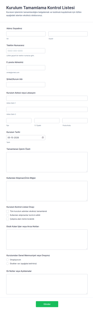 Kurulum Tamamlama Anketi Form Şablonu