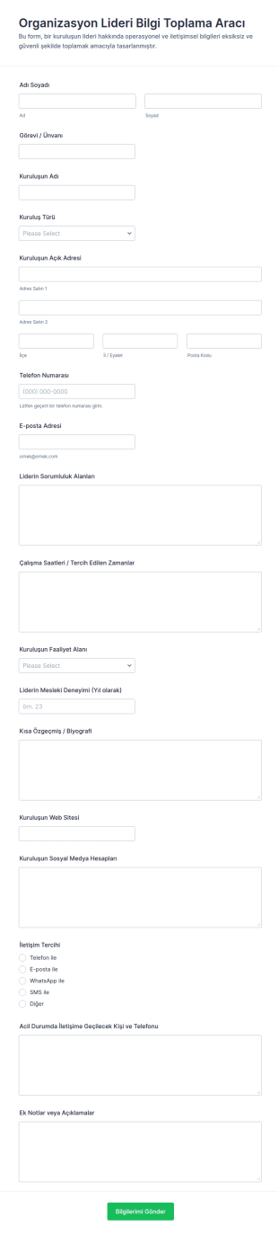 Kuruluş Yöneticisi Bilgi Form Şablonu
