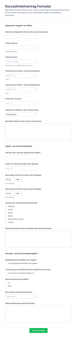 Kurzzeitmietvertrag Formular
