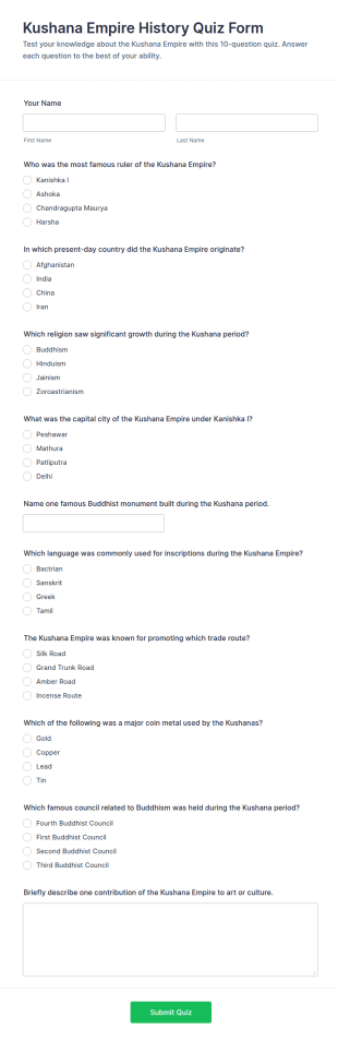 Kushana Empire History Quiz Form Template