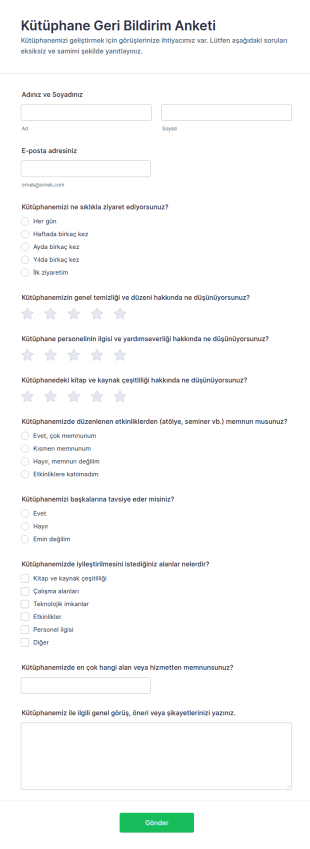 Kütüphane Geri Bildirim Anketi Form Şablonu
