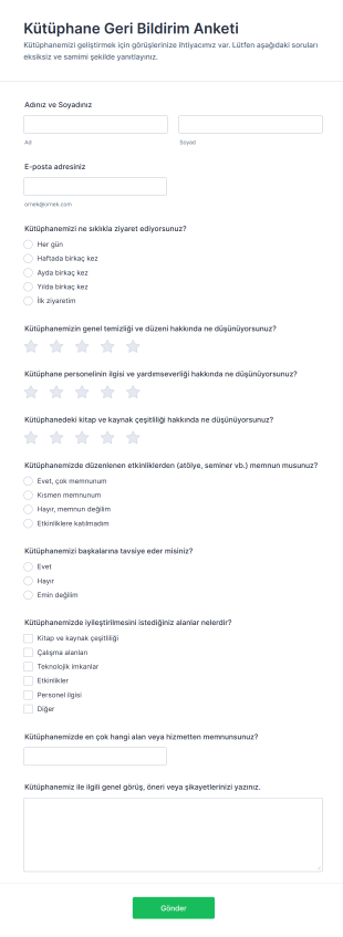Kütüphane Geri Bildirim Anketi Form Şablonu