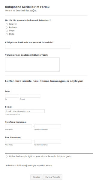 Kütüphane Geri Bildirim Ve Öneri Form Şablonu