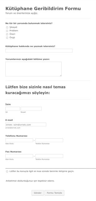 Kütüphane Geri Bildirim Ve Öneri Form Şablonu