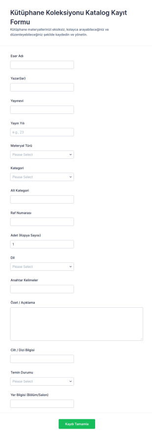 Kütüphane Katalog Form Şablonu
