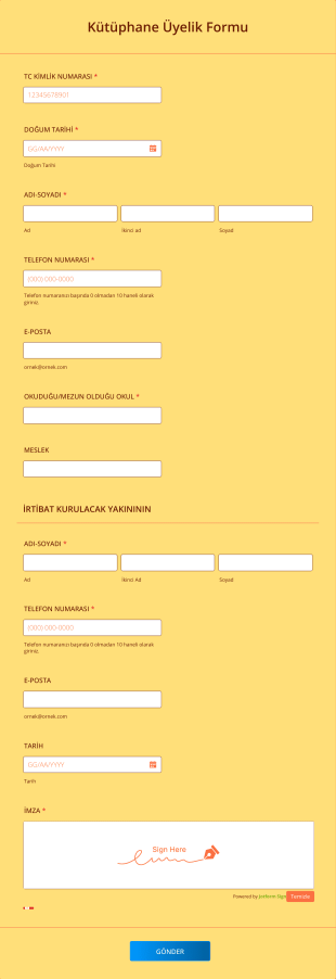 Kütüphane Üyelik Form Template