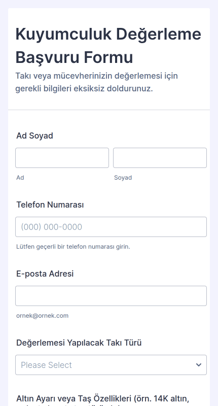 Kuyumculuk Değerleme Başvuru Formu