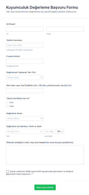 Kuyumculuk Değerleme Başvuru Form Template