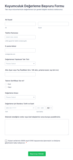 Kuyumculuk Değerleme Başvuru Form Şablonu