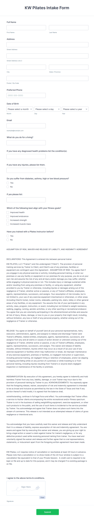 Pilates Intake Form Template