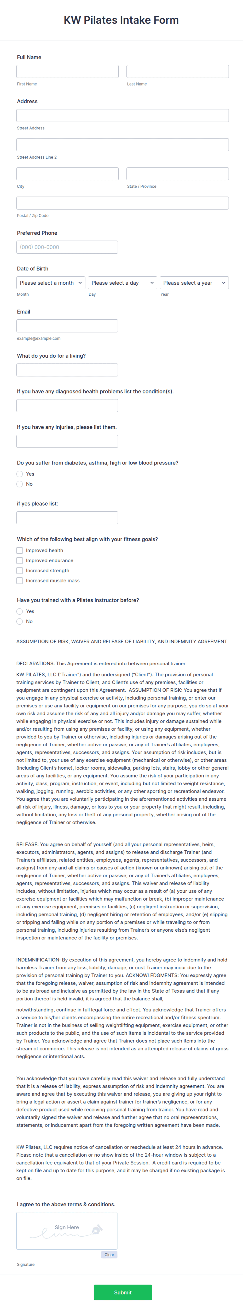 Pilates Intake Form Template Jotform