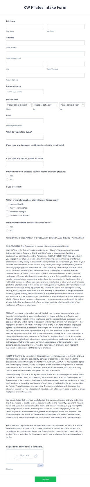 Pilates Intake Form Template