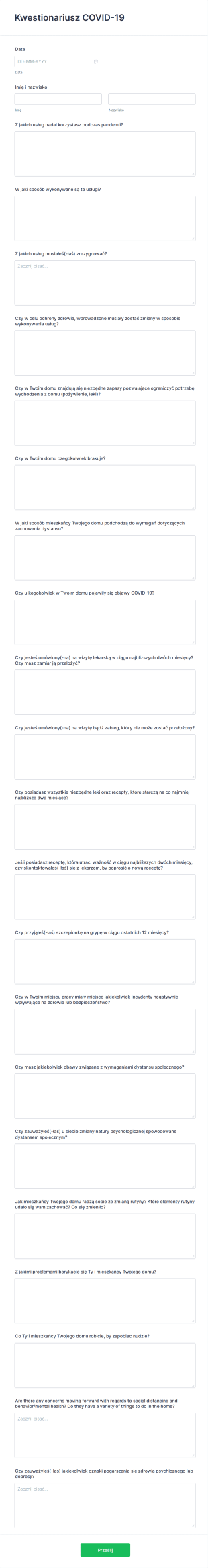 Kwestionariusz COVID 19 Form Template