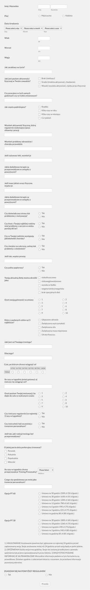 Kwestionariusz Konsultacji Treningu Osobistego Form Template
