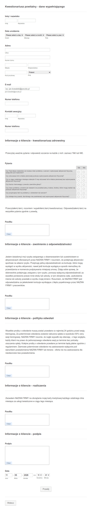 Kwestionariusz Zdrowotny Siłowni
