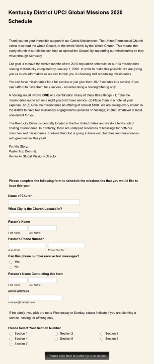 KY Global Missions 2020 Schedule Form Template