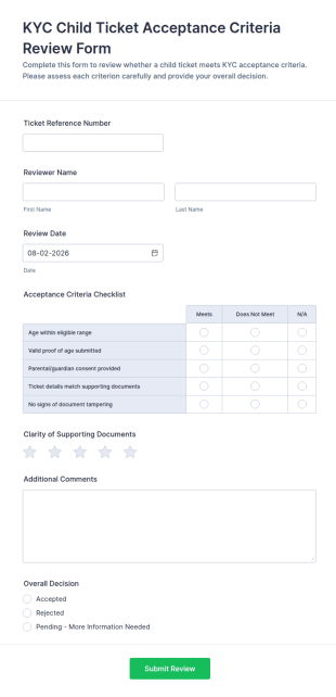 KYC Child Ticket Acceptance Criteria Review Form Template