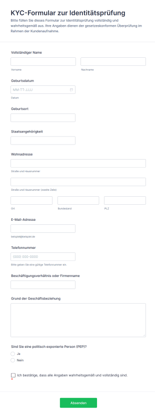 KYC Formular Zur Identitätsprüfung