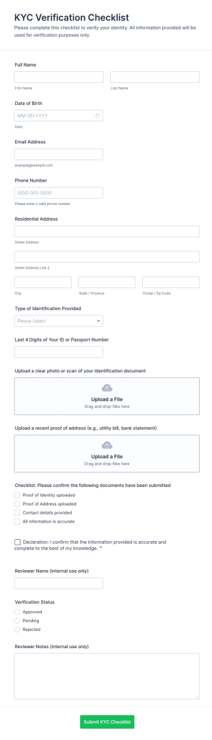 KYC Verification Checklist Form Template