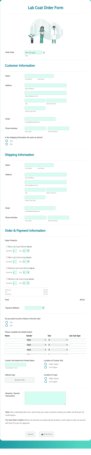 Lab Coat Order Form Template