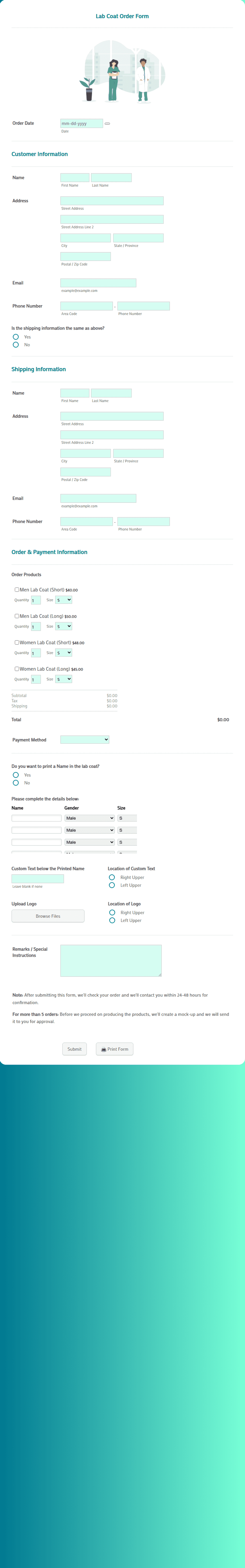 Lab Fly Order Form Lab Coat Order Form Template | Jotform