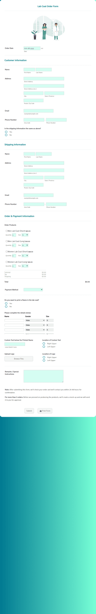 Lab Coat Order Form Template